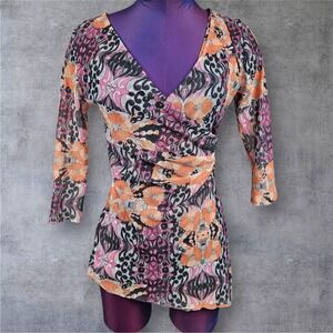 Vintage 90s Y2K Sweet Pea Floral Print Mesh Top Faux Wrap Blouse Large D83